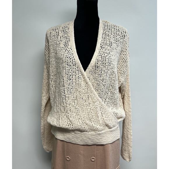 Billabong Bring It Cross Wrap Sweater Faux Wrap Open Knit Beige Women Medium - Picture 2 of 9